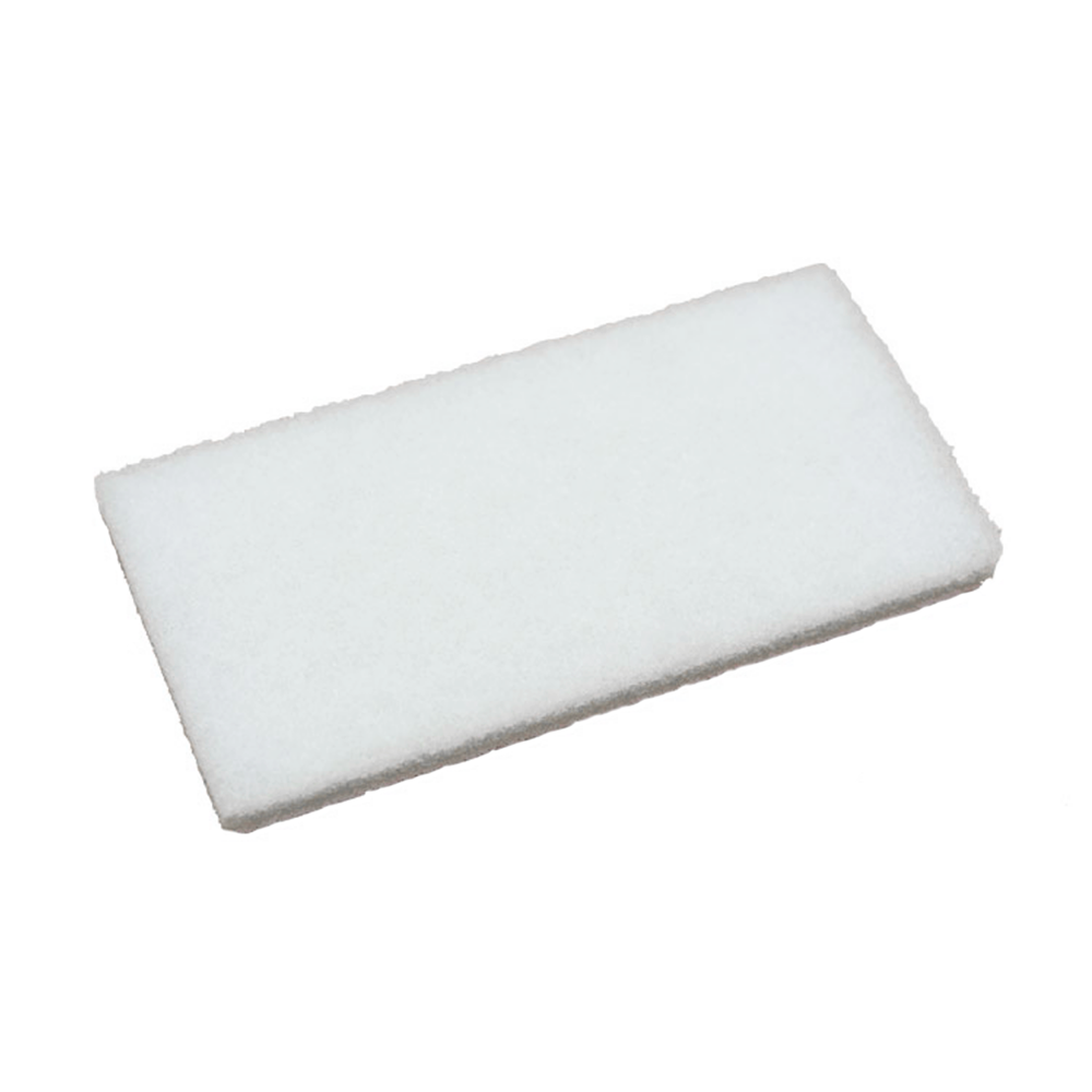 A rectangular white scourer pad block with a textured, porous surface, shown at an angle on a plain white background.
