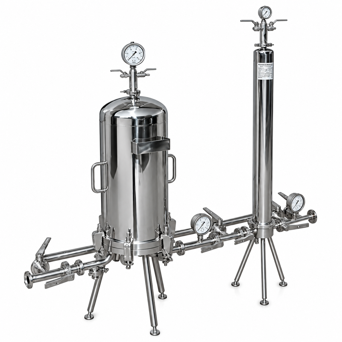 A stainless steel industrial filtration or pressure vessel system with two upright cylindrical tanks, multiple metal pipes, valves, and round pressure gauges, photographed on a plain white background.