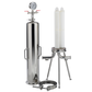 A stainless steel liquid filtration system set on a white background, featuring a tall cylindrical pressure vessel with a dial gauge, a dual-column filter cartridge on a stand, and a clamp fitting.