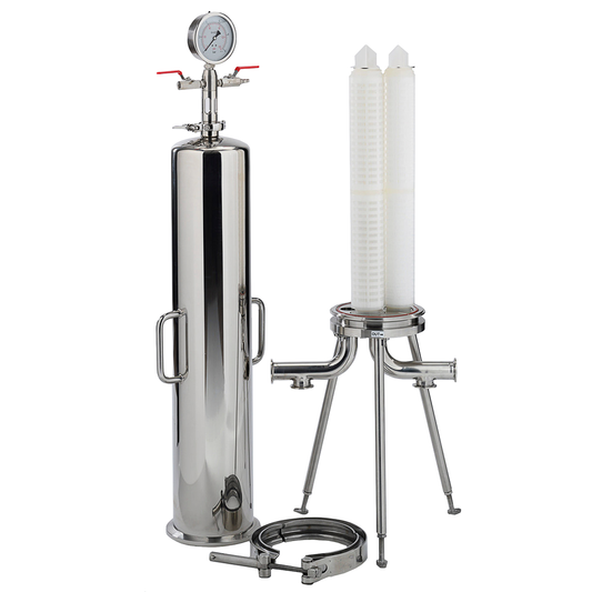 A stainless steel liquid filtration system set on a white background, featuring a tall cylindrical pressure vessel with a dial gauge, a dual-column filter cartridge on a stand, and a clamp fitting.