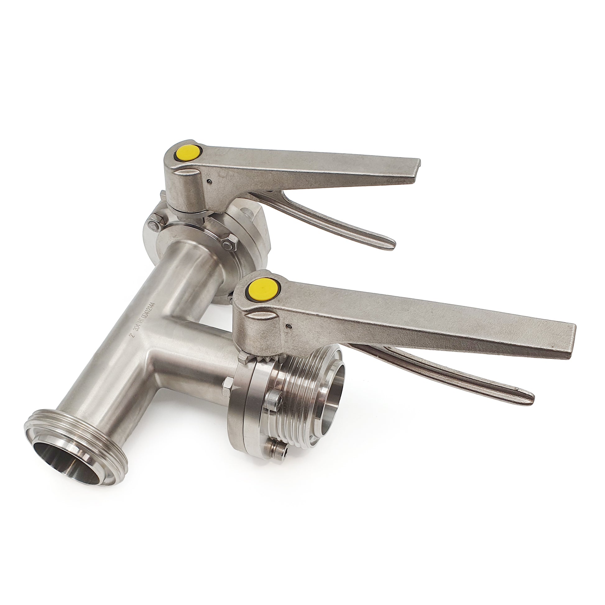 Stainless steel valve with three handles on a white background
