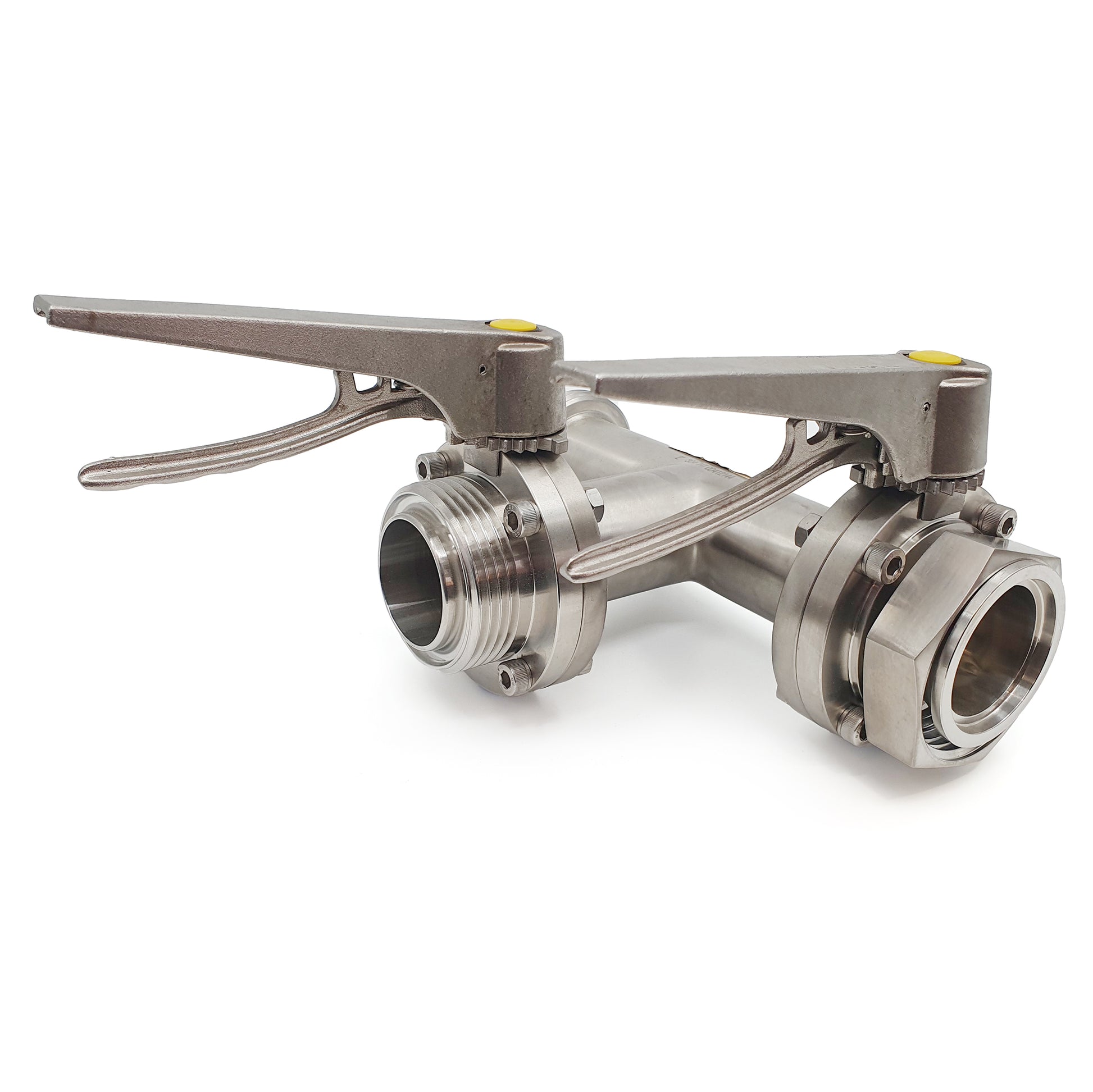 Stainless steel butterfly valve on a white background