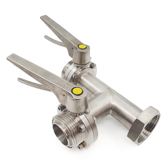 Stainless steel valve with yellow on a white background