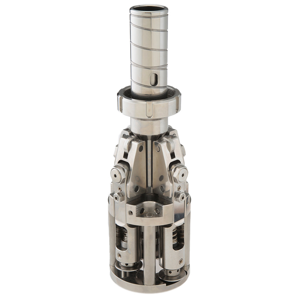 A polished metallic industrial component or mechanical assembly with a cylindrical top section and a multi-part lower body, shown on a plain white background.