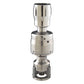A polished stainless steel mechanical component or adapter with a threaded top, a central adjustment section with measurement markings, and a flanged base, shown on a plain white background.