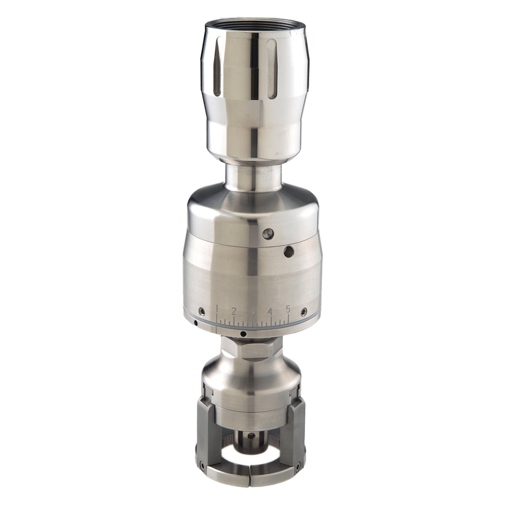 A polished stainless steel mechanical component or adapter with a threaded top, a central adjustment section with measurement markings, and a flanged base, shown on a plain white background.
