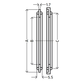 Technical drawing of a rectangular component with dimensions labeled