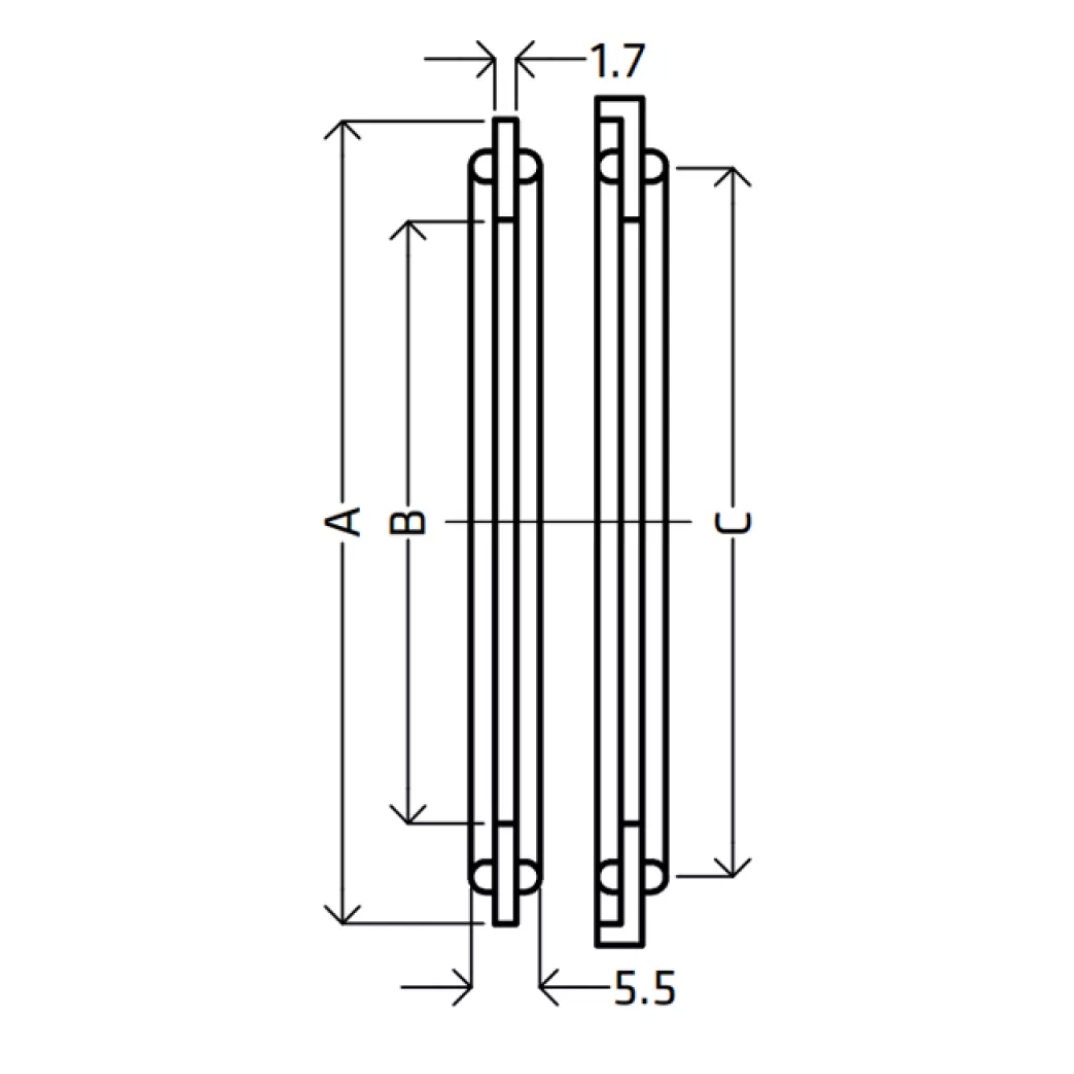Technical drawing of a rectangular component with dimensions labeled