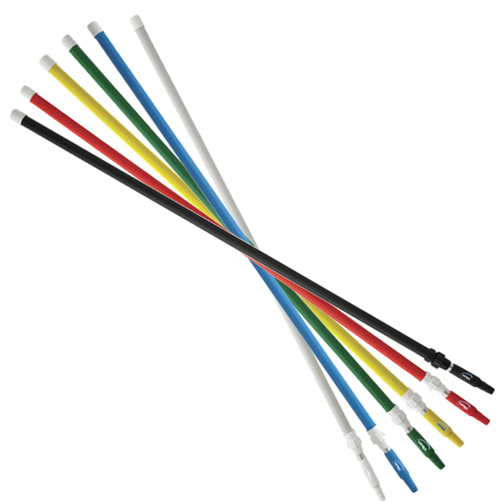 Six long plastic rods or poles in black, white, blue, green, yellow, and red, arranged in a fan-like overlap on a plain white background.
