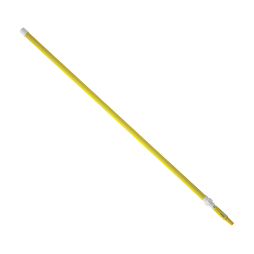 A long yellow pole with white plastic fittings at both ends, shown diagonally on a plain white background.