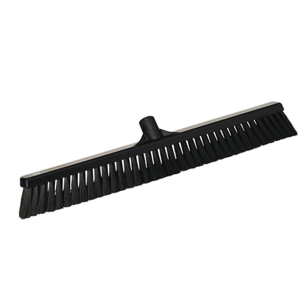 A black wide-head floor brush with dense bristles and a central handle attachment, shown on a plain white background.