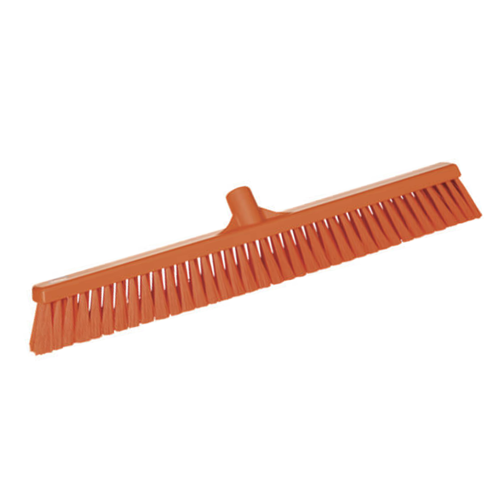 An orange plastic floor broom with dense bristles, shown diagonally on a plain white background.