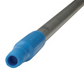 A close-up of a long, slender metal rod or pipe section with a bright blue threaded connector at one end, shown on a plain white background.