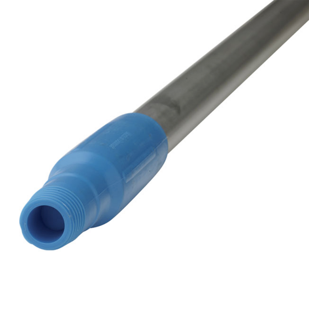 A close-up of a long, slender metal rod or pipe section with a bright blue threaded connector at one end, shown on a plain white background.