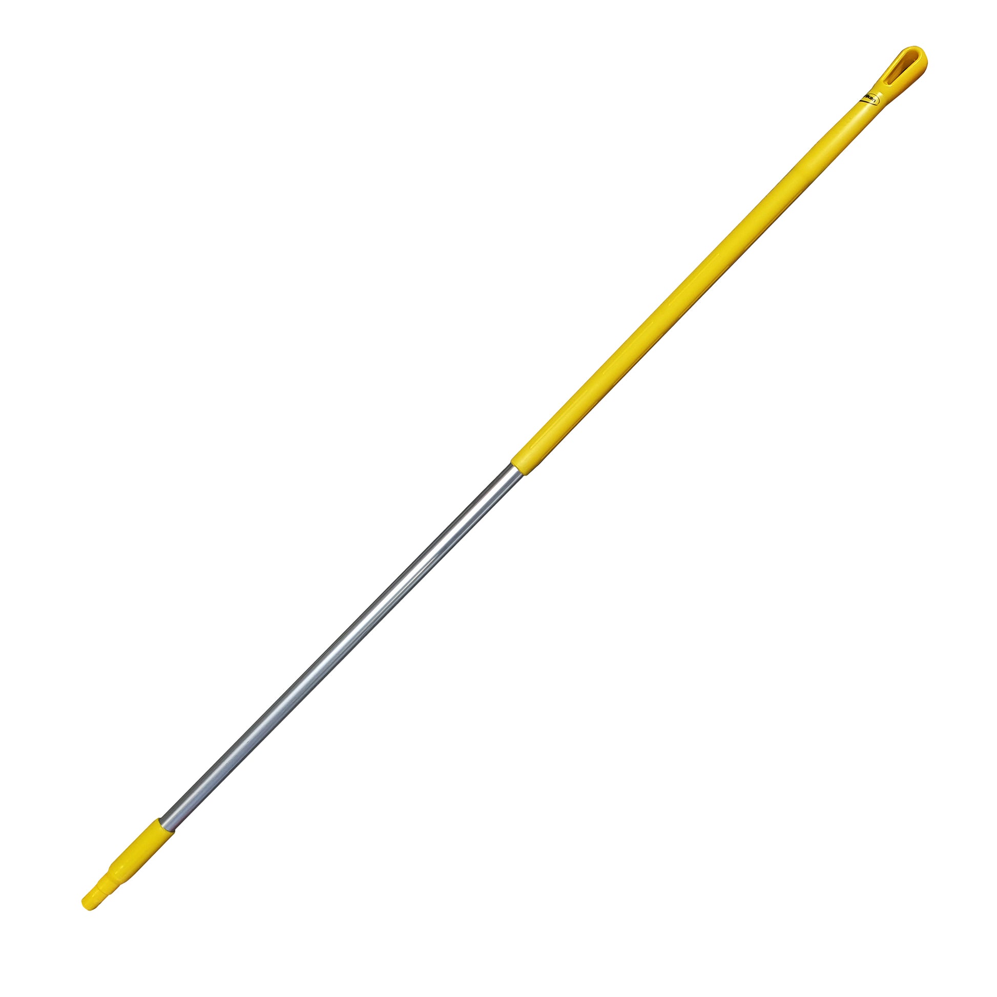 A Vikan ergonomic handle with a silver metal shaft and bright yellow plastic end pieces and loop handle, shown diagonally on a plain white background.