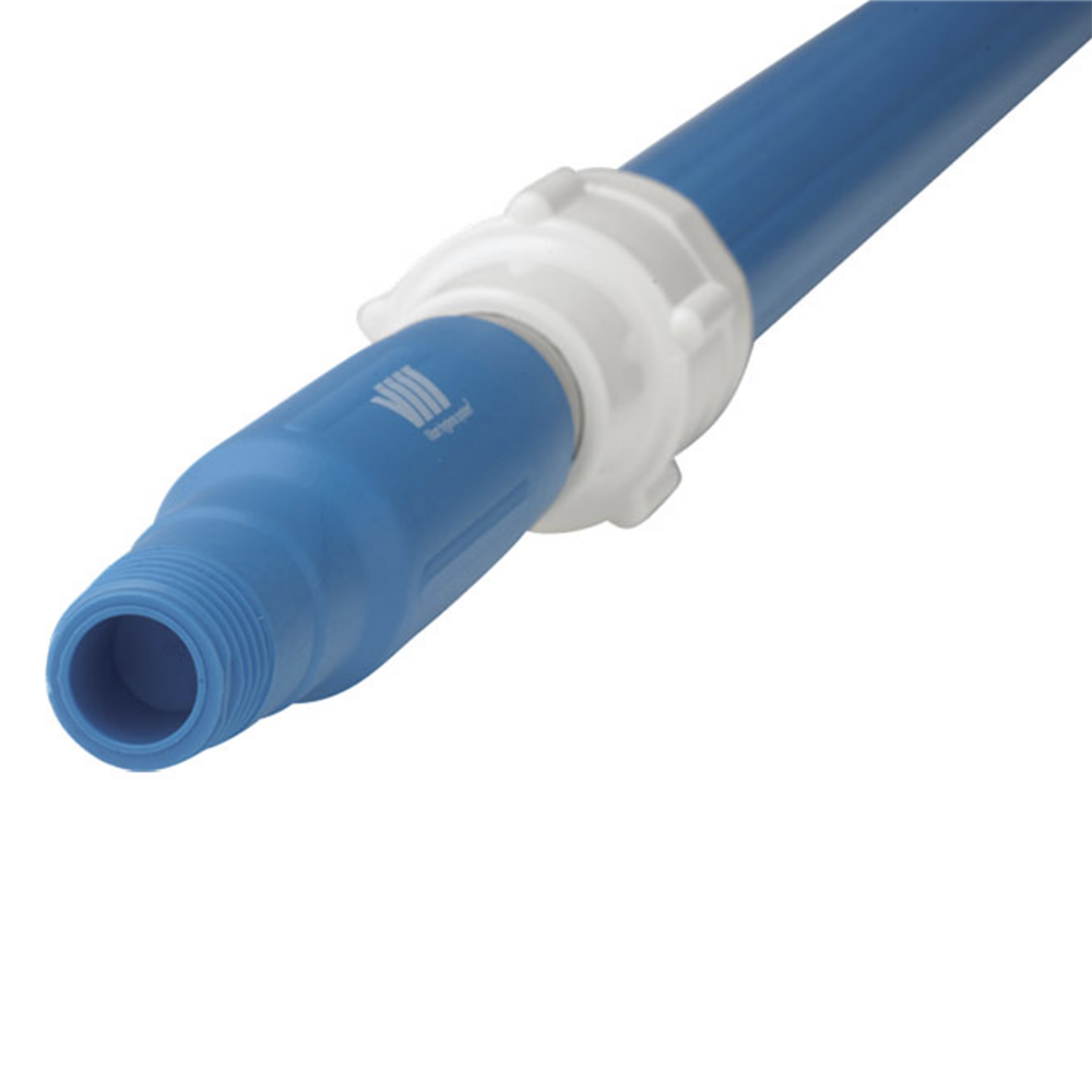 A close-up of a blue plastic hose connector with a white quick-release coupling, shown on a plain white background.