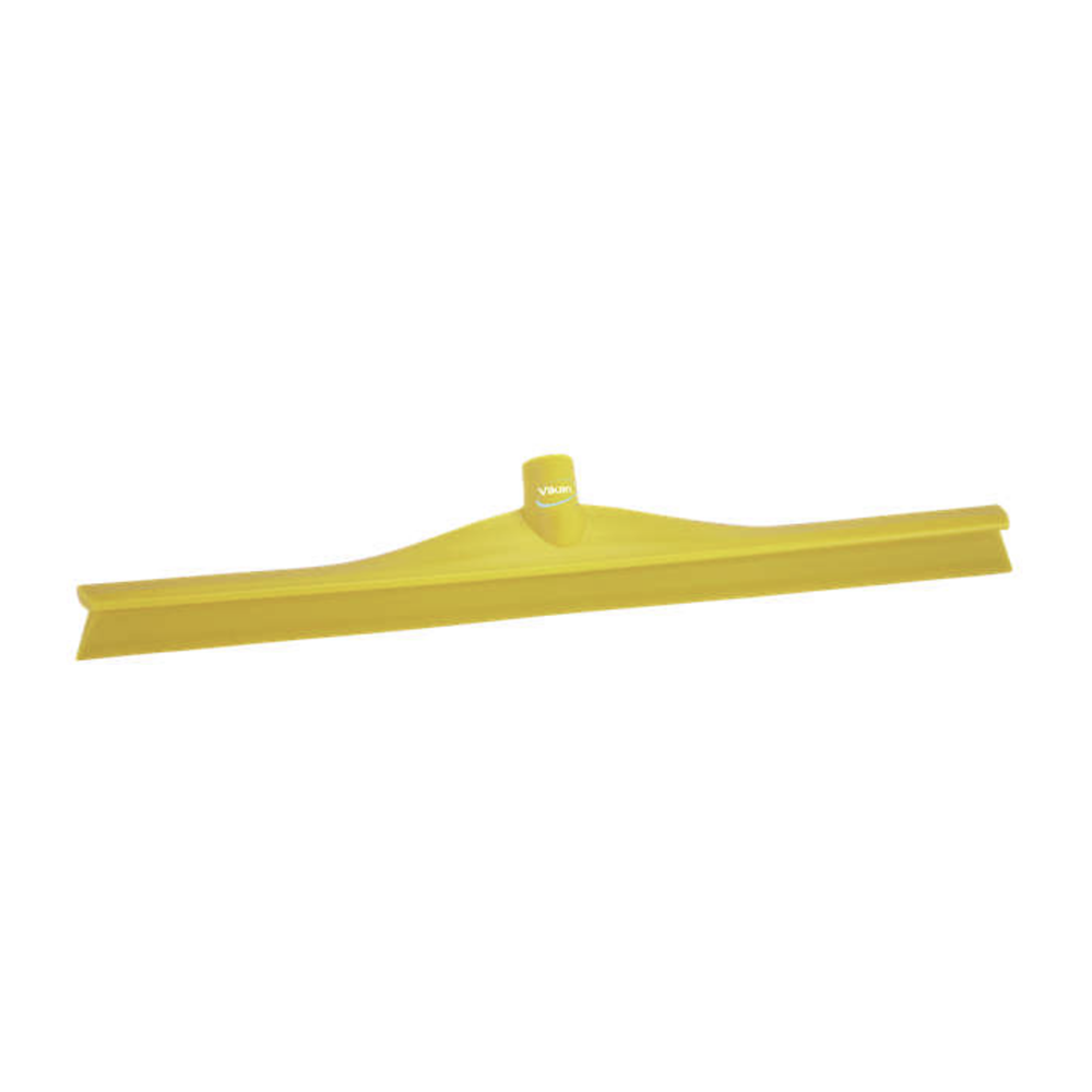 A bright yellow plastic window squeegee with a wide, flexible blade and a central handle attachment, shown on a plain white background.